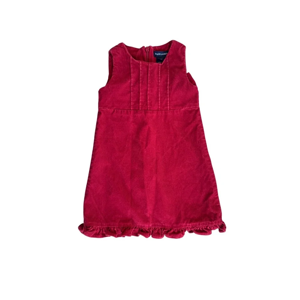 Ralph Lauren Corduroy Jumper Dress girls 2T red Pleated Ruffle Sleeveless